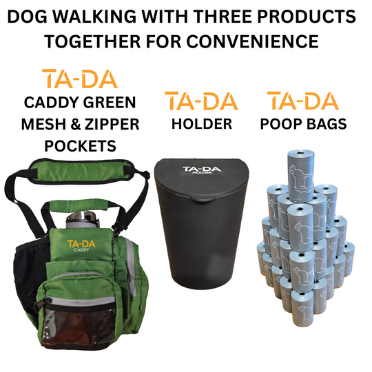 TA-DA DOG WALKING MUCH BETTER WITH CADDY, HOLDER AND POOP BACKS TOGETHER