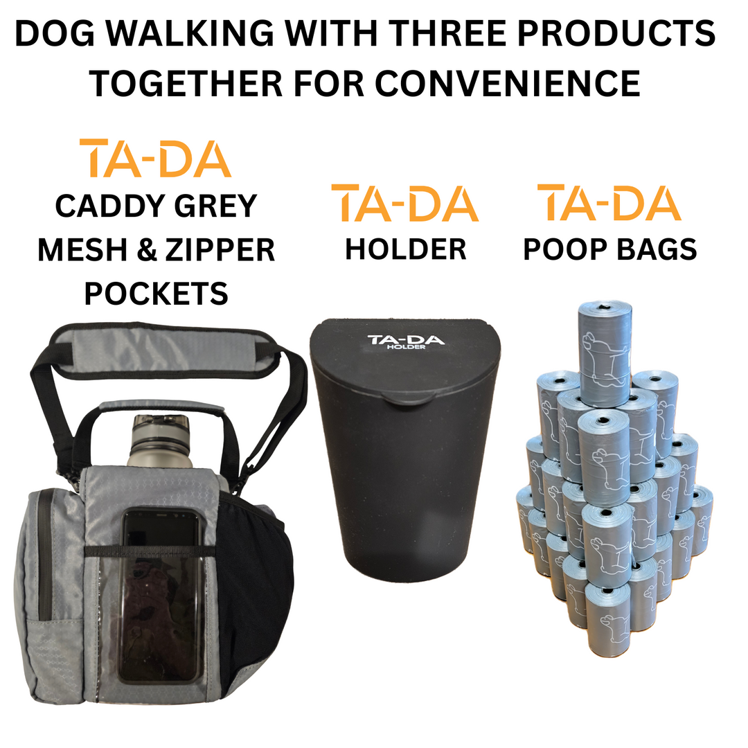 TA-DA DOG WALKING MUCH BETTER WITH CADDY, HOLDER AND POOP BACKS TOGETHER