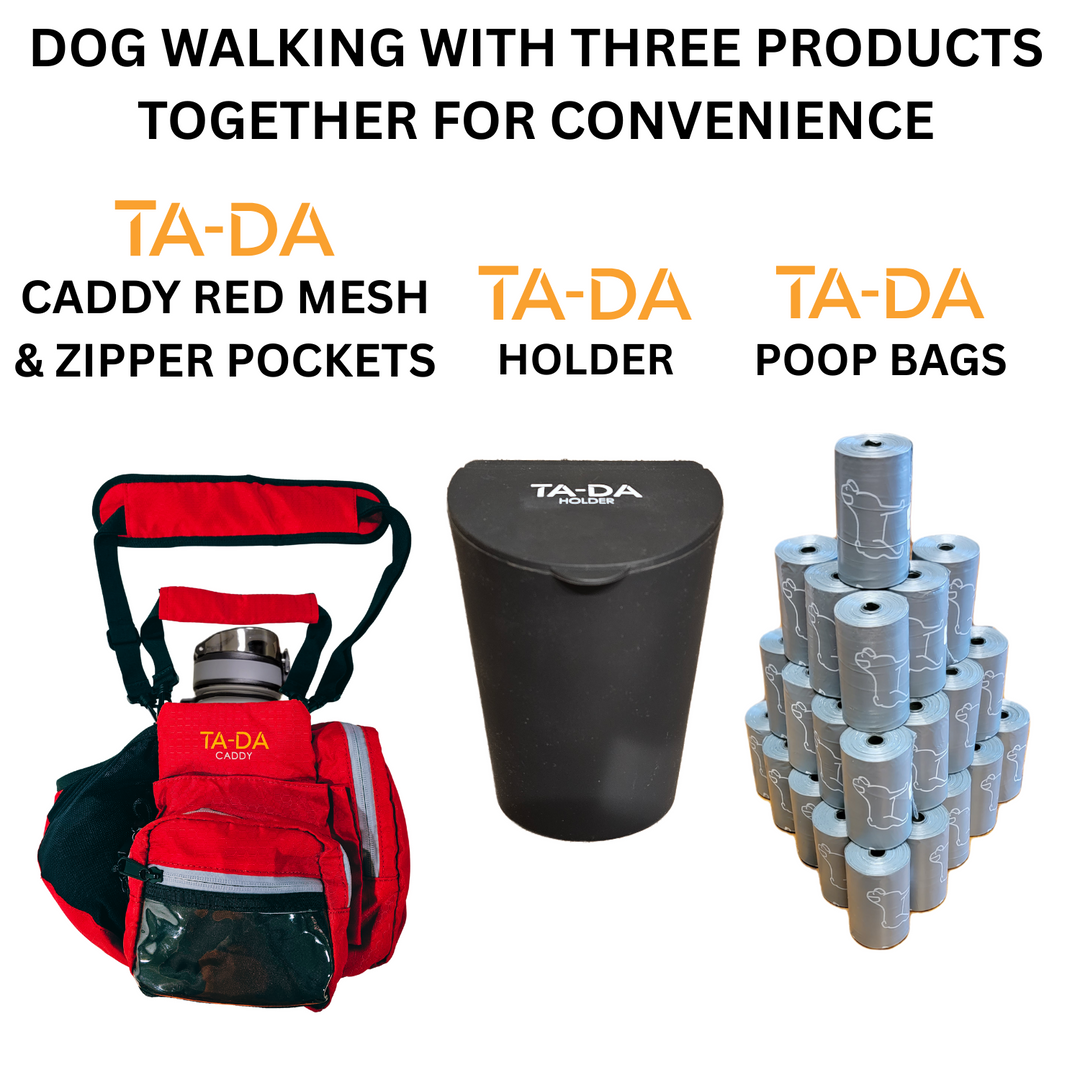 TA-DA DOG WALKING MUCH BETTER WITH CADDY, HOLDER AND POOP BACKS TOGETHER