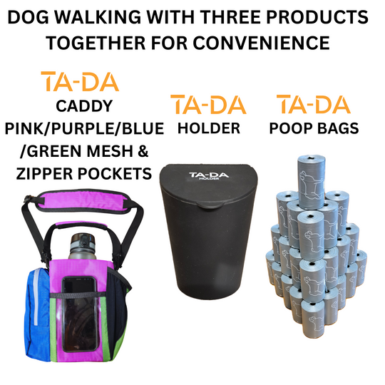 TA-DA DOG WALKING MUCH BETTER WITH CADDY, HOLDER AND POOP BACKS TOGETHER