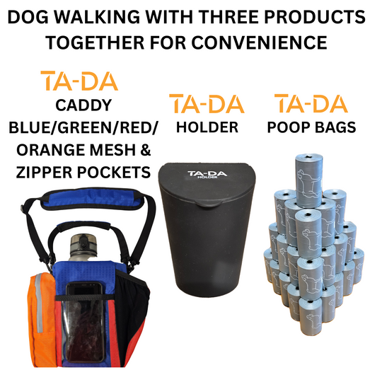 TA-DA DOG WALKING MUCH BETTER WITH CADDY, HOLDER AND POOP BACKS TOGETHER