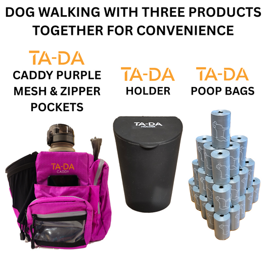 TA-DA DOG WALKING MUCH BETTER WITH CADDY, HOLDER AND POOP BACKS TOGETHER