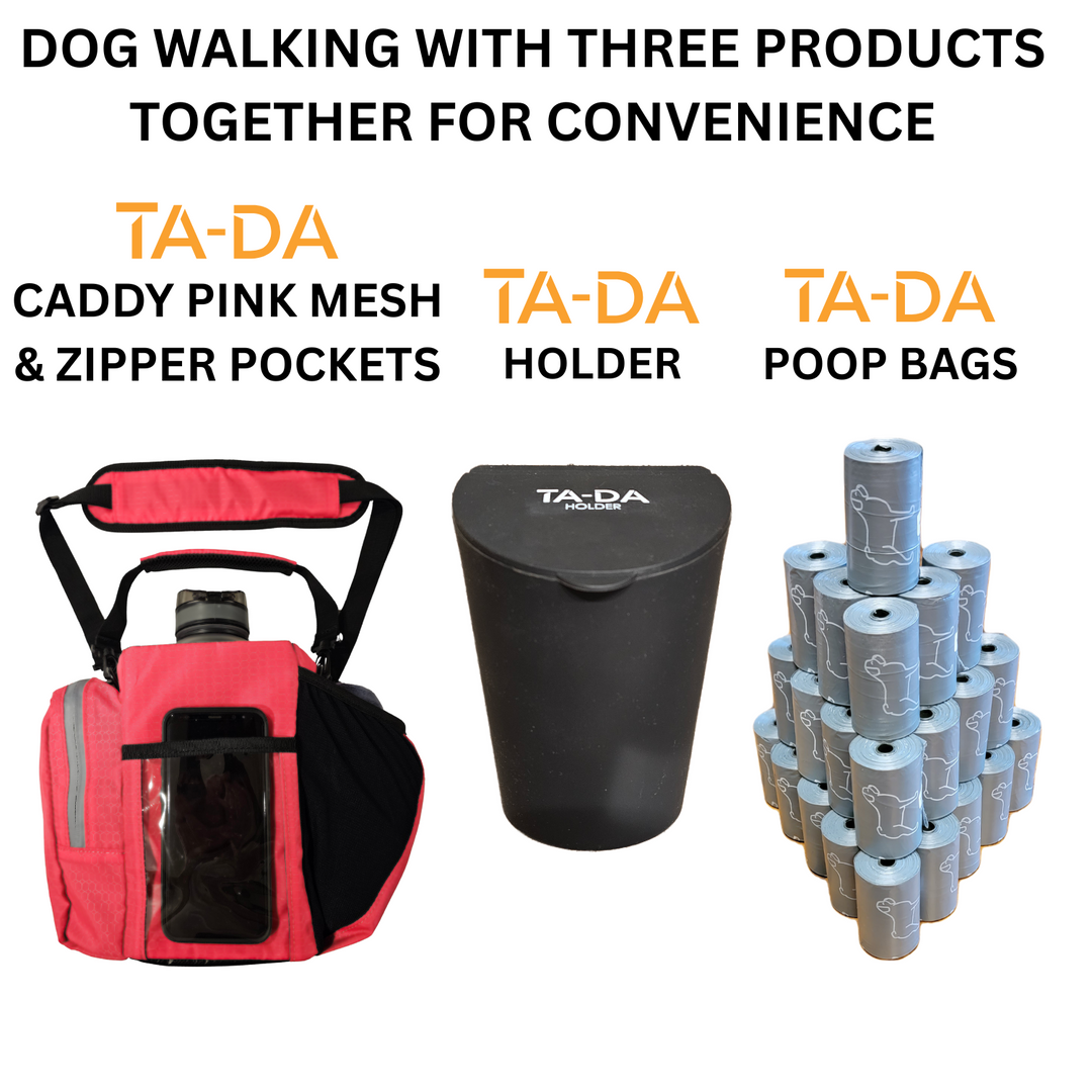 TA-DA DOG WALKING MUCH BETTER WITH CADDY, HOLDER AND POOP BACKS TOGETHER