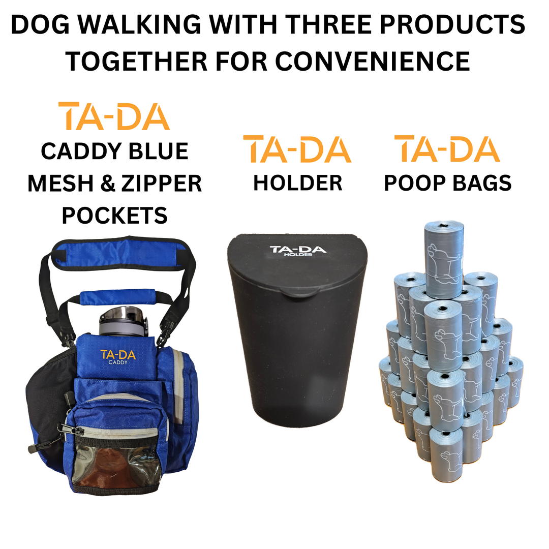 TA-DA DOG WALKING MUCH BETTER WITH CADDY, HOLDER AND POOP BACKS TOGETHER