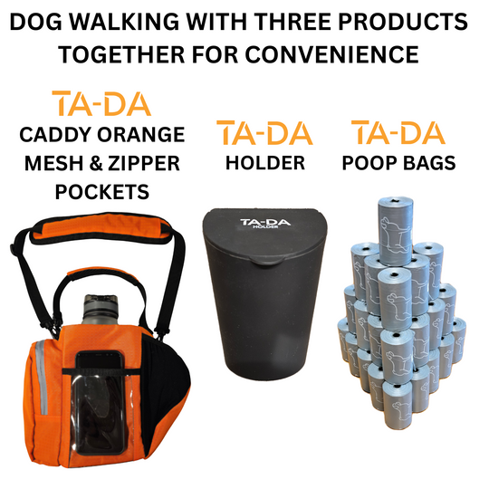 TA-DA DOG WALKING MUCH BETTER WITH CADDY, HOLDER AND POOP BACKS TOGETHER
