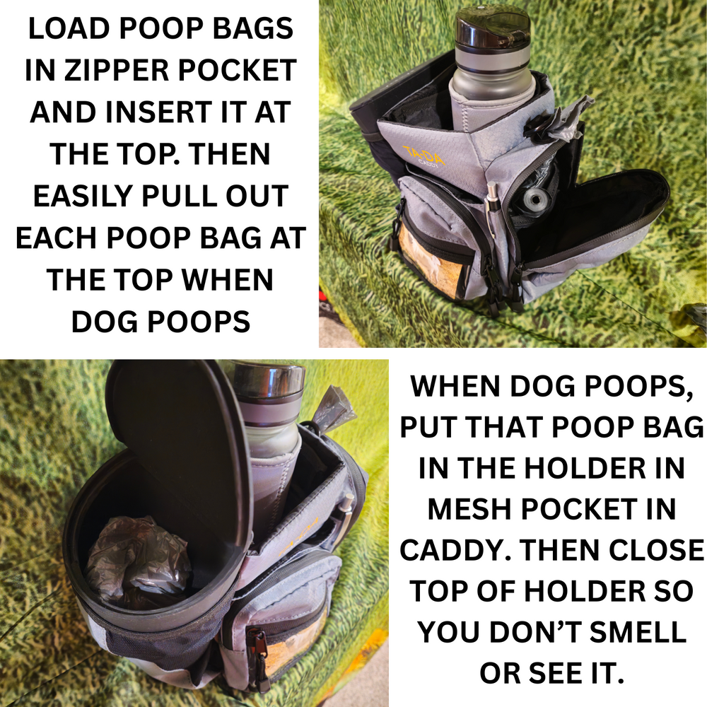 TA-DA DOG WALKING MUCH BETTER WITH CADDY, HOLDER AND POOP BACKS TOGETHER