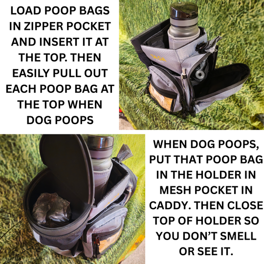 TA-DA DOG WALKING MUCH BETTER WITH CADDY, HOLDER AND POOP BACKS TOGETHER